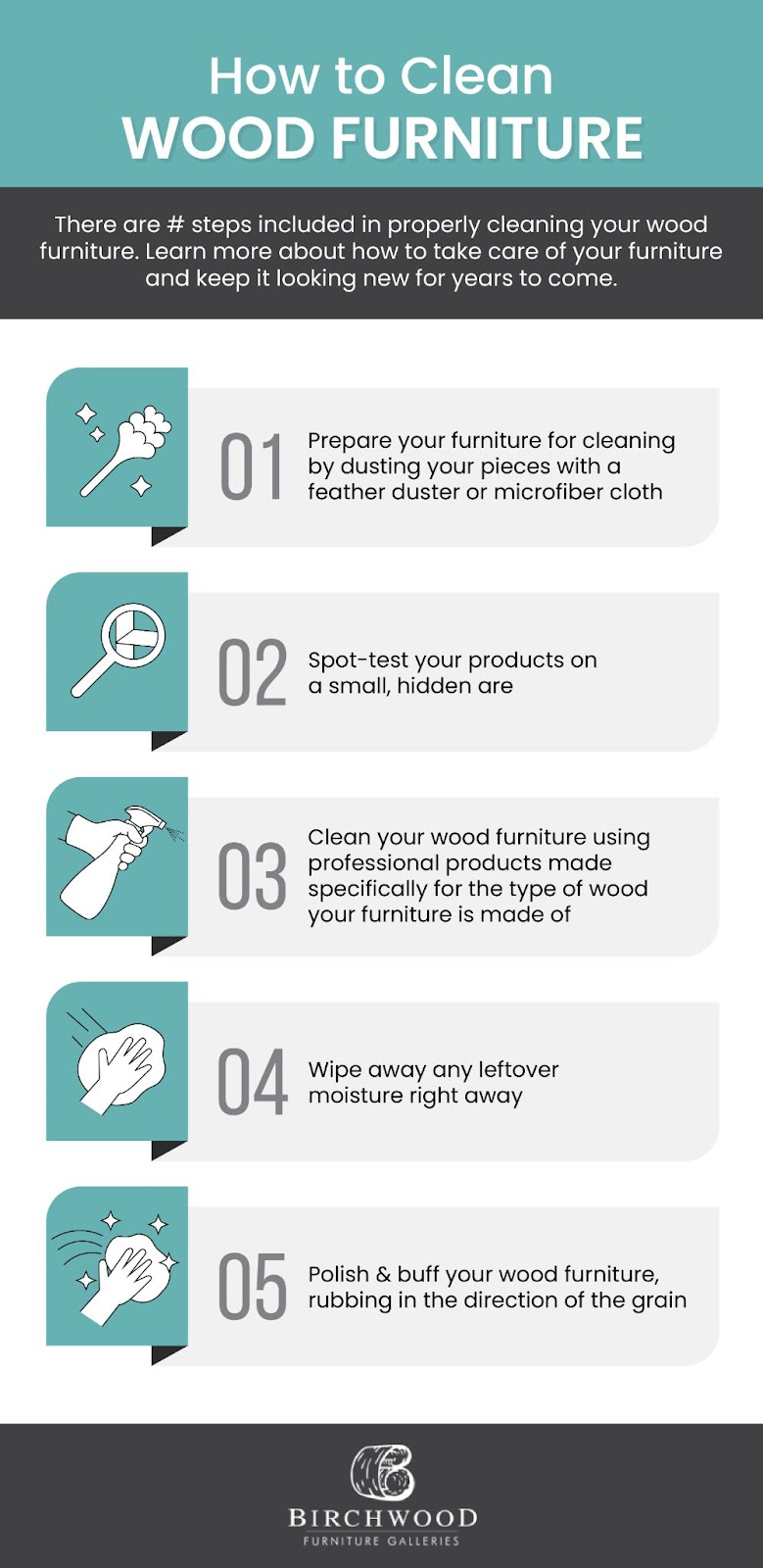 An infographic to demonstrate how to clean wood furniture from Birchwood Furniture Calgary.