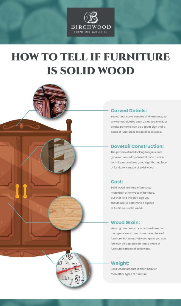 Ways to tell if furniture is solid wood like based on the carved details, dovetail construction, cost of wood furniture, grain pattern and its weight.