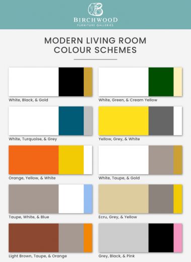 a colour scheme guide to help choose shades of fabric and furniture pieces to give a modern look to your living room.