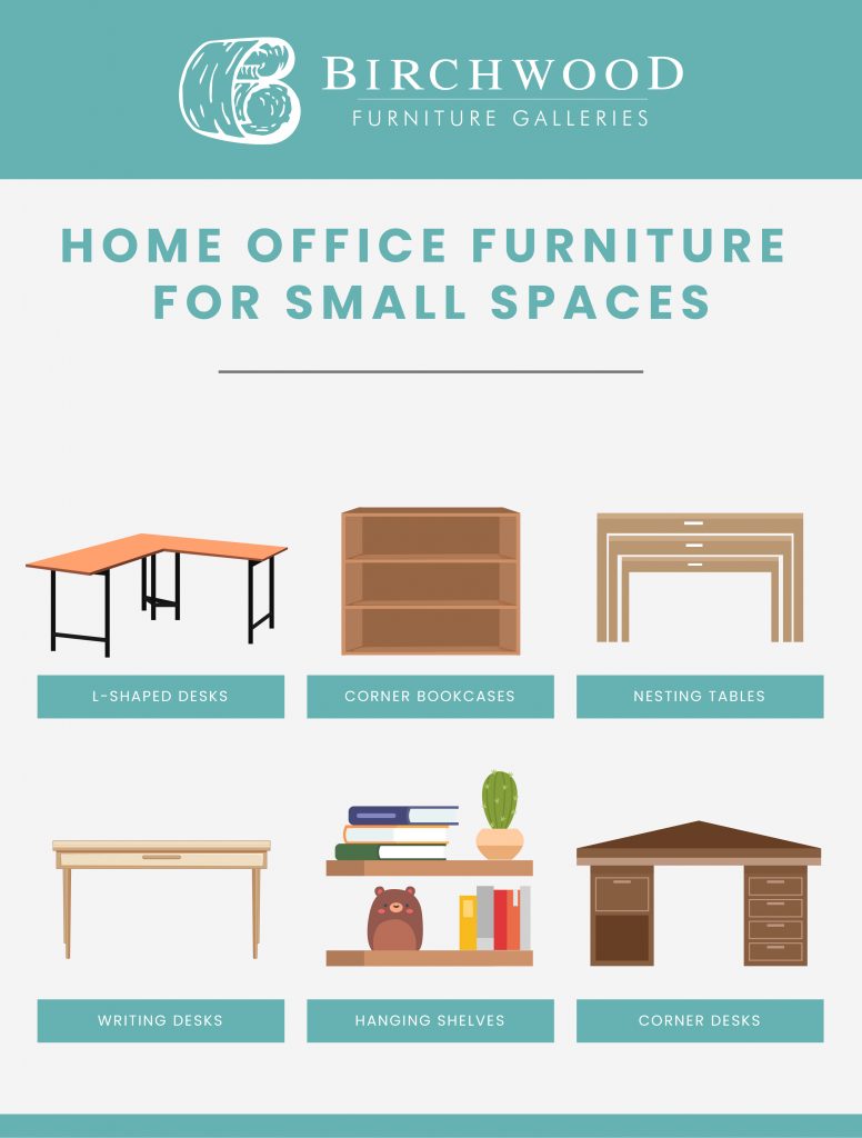 A graphical illustration of all the types of furniture pieces you can use in a small office space to make the most of it.