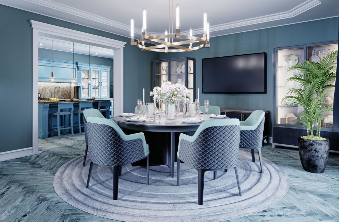 A modern luxurious dining area with a round dining table set with placemats, plates, candles, flowers in the centre and 6 blue coloured cushioned chairs around.