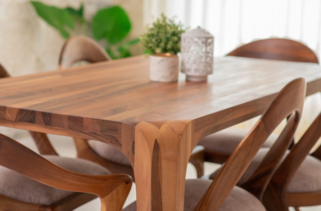 A rectangular wooden dining table with wooden chairs arranged around it.