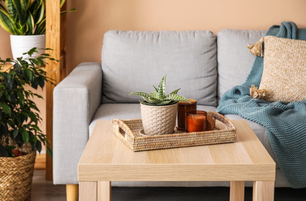 A wooden coffee table with a wicker serving tray, a plant, and a collection of candles.