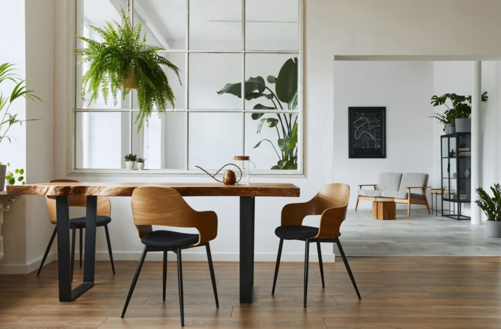 A modern dining room with hanging plants and a solid wood dining table with 3 chairs around it with wooden backs.