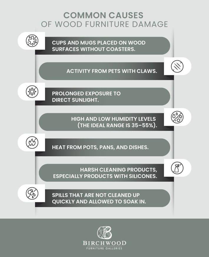 An infographic listing the common causes of wood furniture damage.