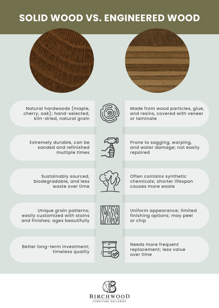 An infographic explaining the differences between solid wood versus engineered wood. 
