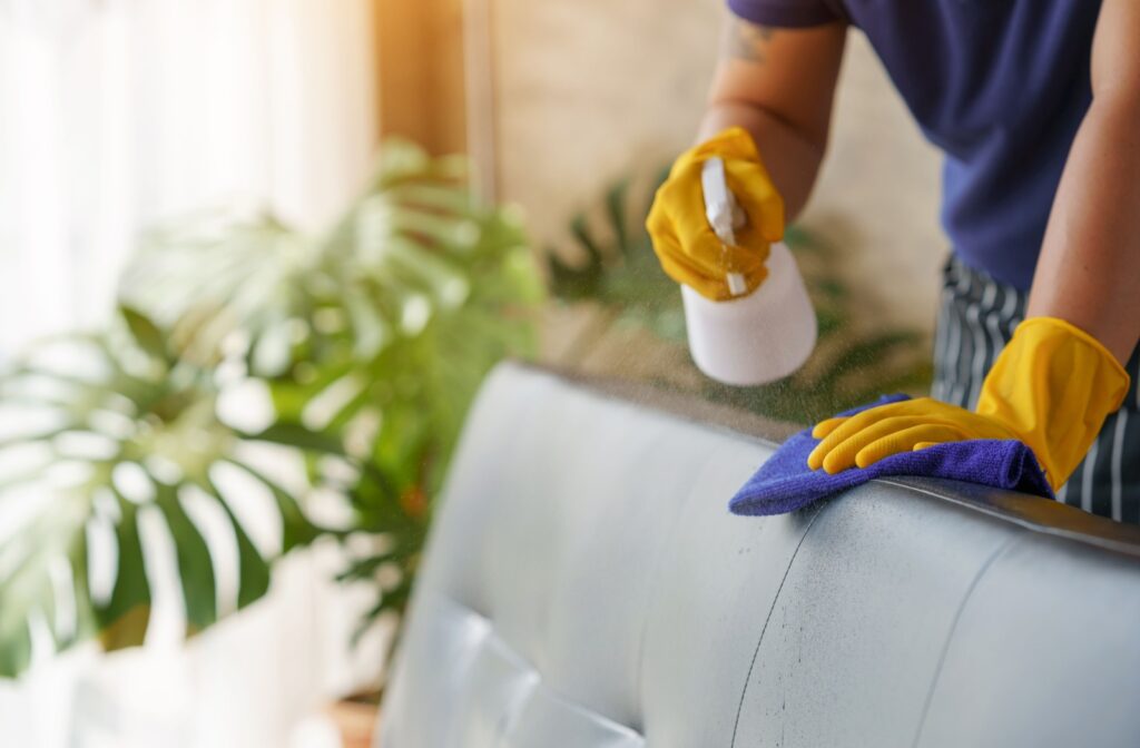 A person using a leather-specific cleaner to wipe down their leather sofa in a brightly lit room.