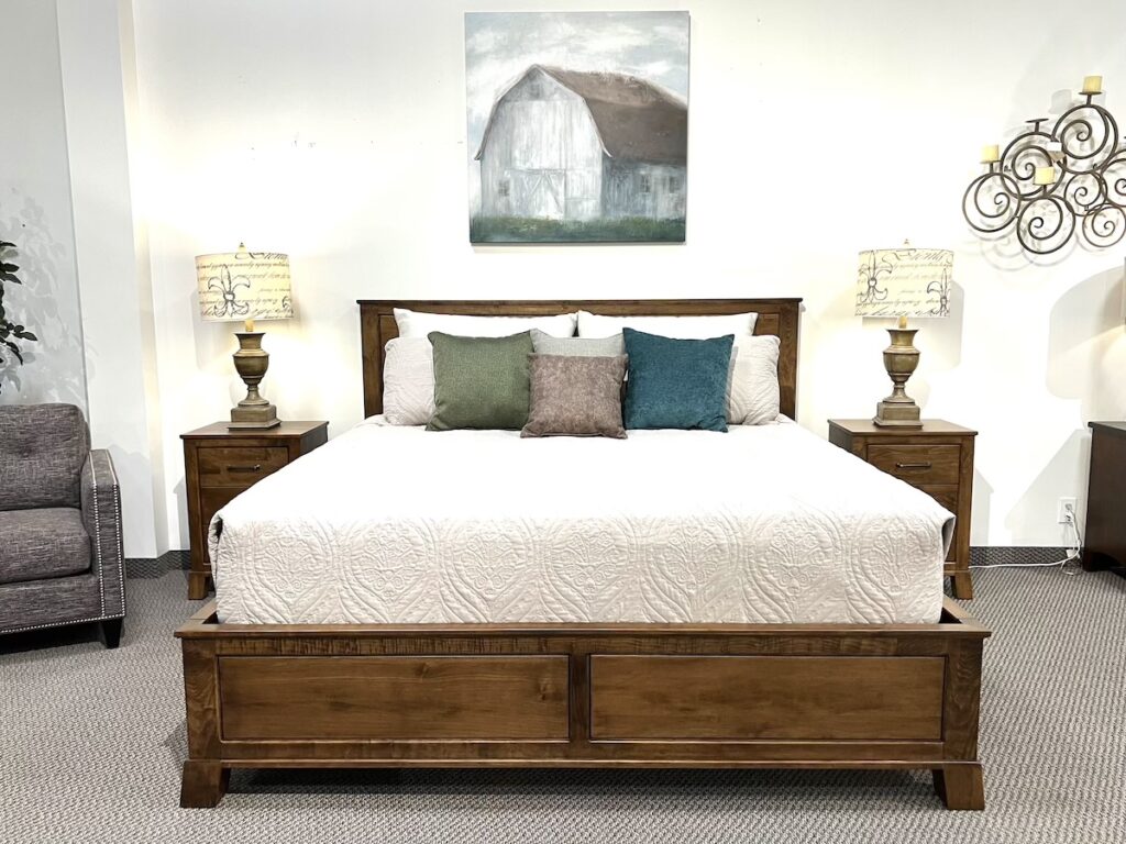 A solid wood bed frame from the Birchwood Furniture Galleries showroom in Calgary.
