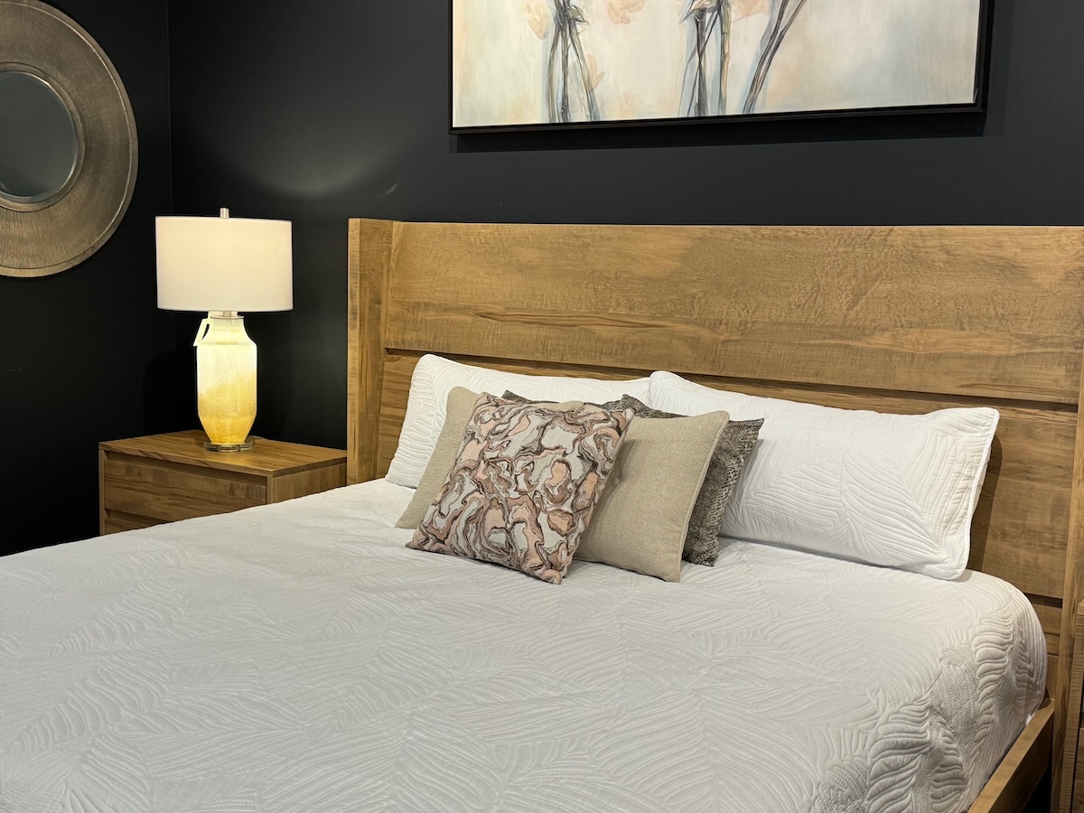 A close up of a solid wood bed frame from Birchwood Furniture Galleries in Calgary.