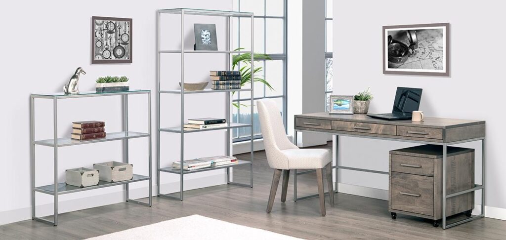 A home office set up with a desk with storage from Birchwood Furniture Galleries in Calgary.