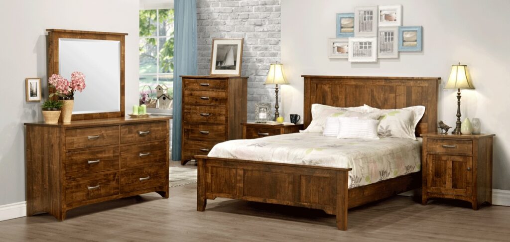 A full bedroom furniture set up of solid hardwood furniture from Birchwood Furniture in Calgary.