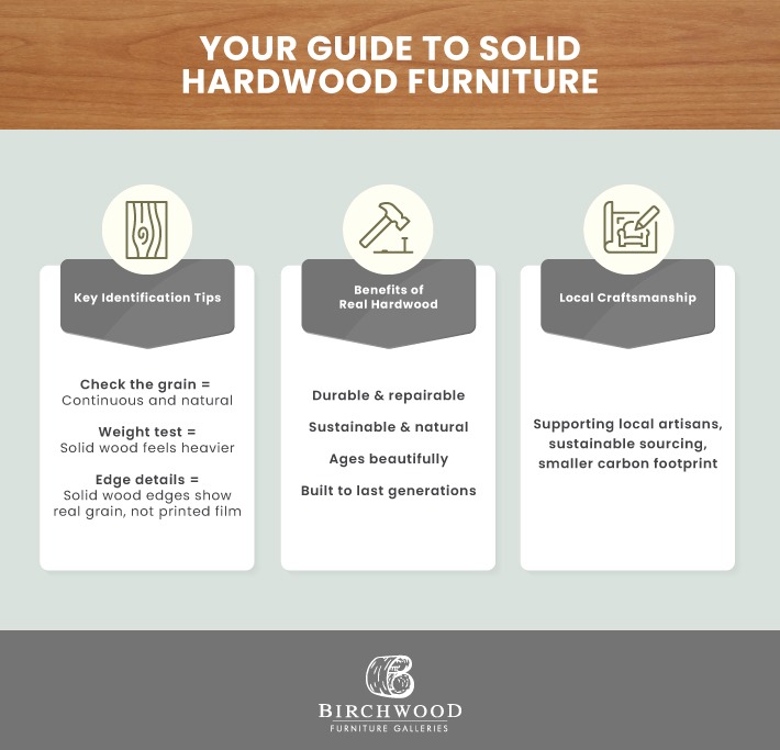 An infographic guide about solid hardwood furniture, with identification tips, local craftsmanship highlights, and overall benefits