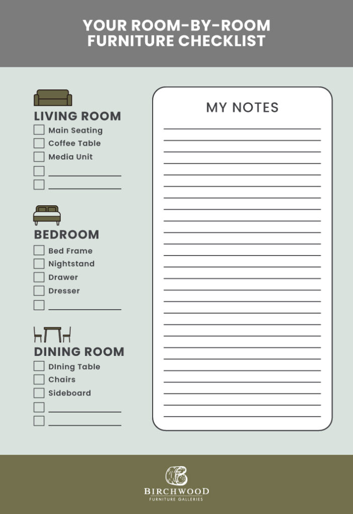 A downloadable furniture shopping checklist that provides areas for notes and check boxes for living room furniture, bedroom furniture, dining room furniture.