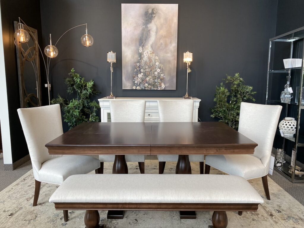 A set of custom dining room furniture from Birchwood Furniture Galleries in Calgary, Alberta.