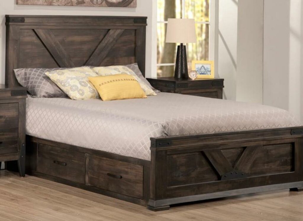 A wooden bed with built in storage from Birchwood Furniture Galleries in Calgary.