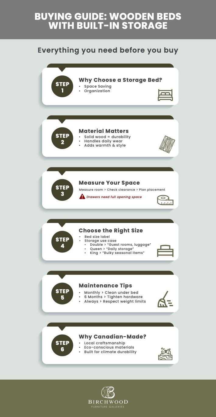 An infographic of a buying guide for what to look for in a wooden bed with built in storage, including material, size, and quality.