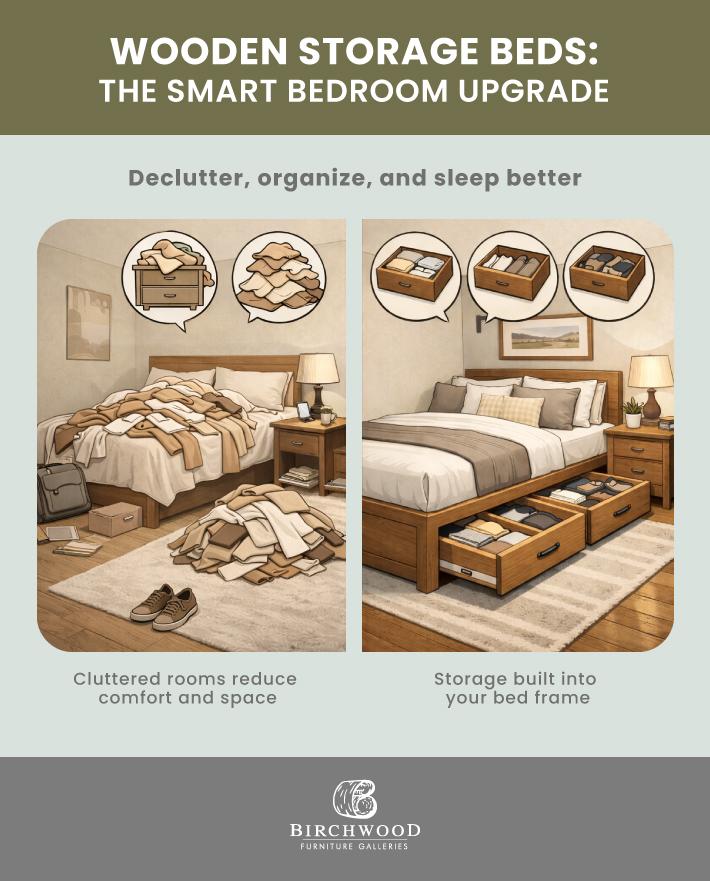 An infographic showing how a wooden bed with storage helps declutter and organize a room.