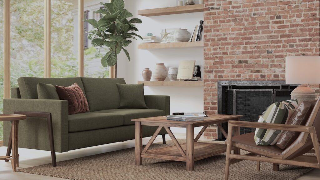 A green, high-quality sofa in a modern living room.